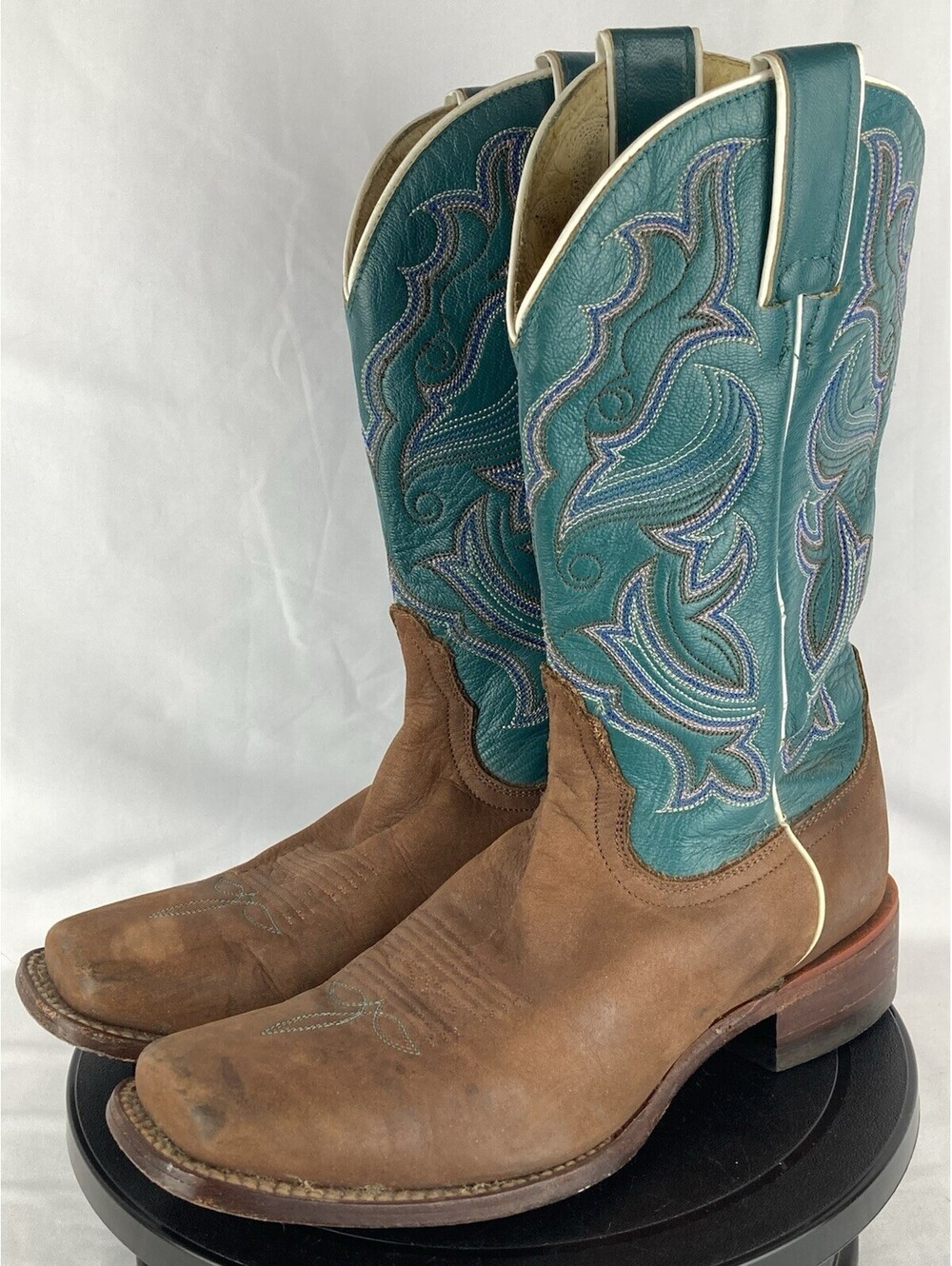 Women’s Size 7.5 B Nocona Brown Leather Turquoise Teal Square Toe Cowboy Boots